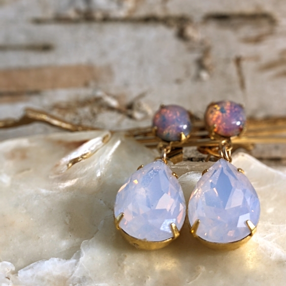 Pink Opal Flower And Fire Opal  Crystal In Drop Down Earrings - Picture 3 of 5